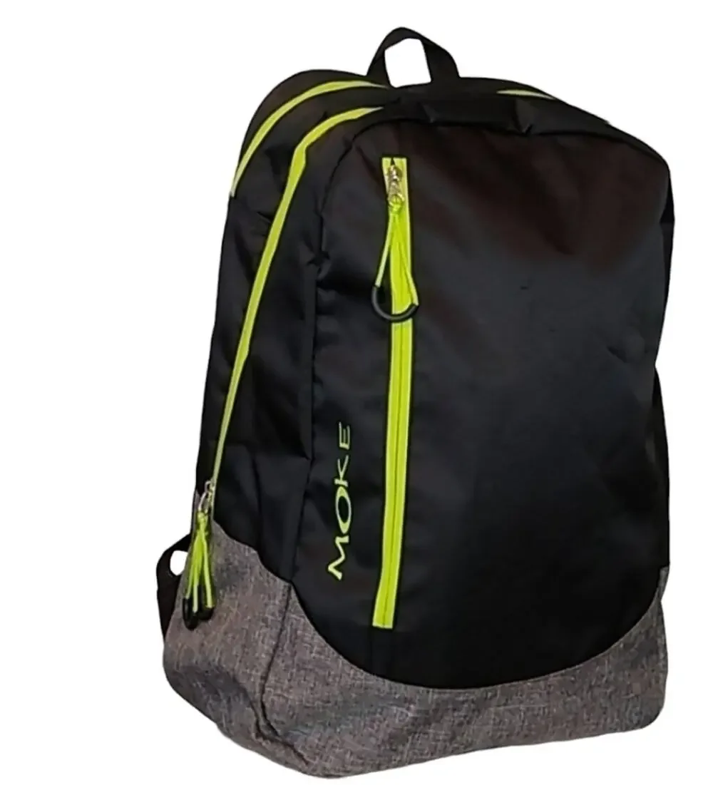 Moke Laptop Backpack Three Zipper Black & Green